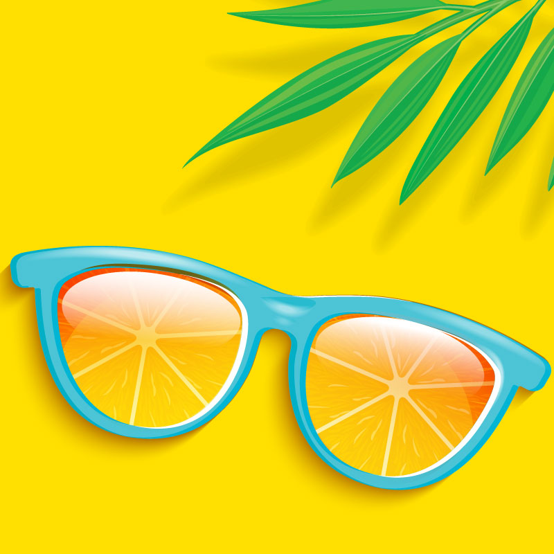 Design elements with sunglasses reflecting an orange and a palm frond