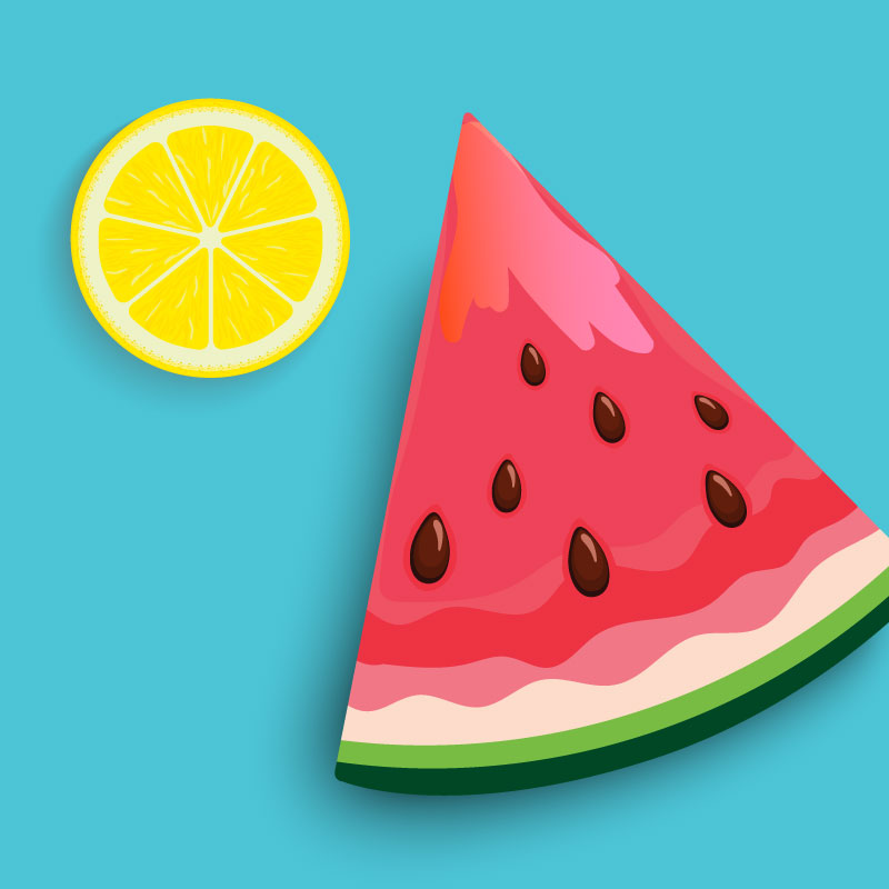 Design elements with a watermelon slice and a lemon