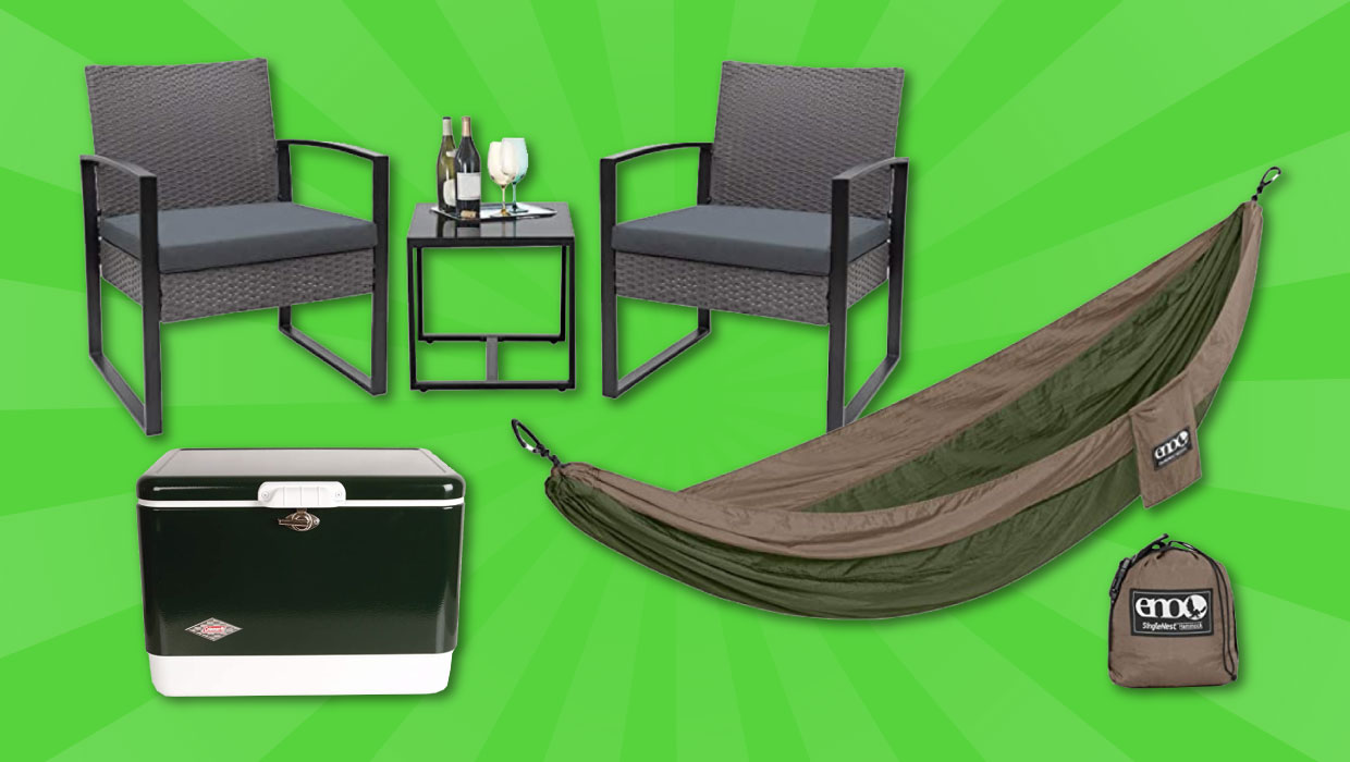 Outdoor relaxation prize pack including patio set, Eno hammock, and cooler
