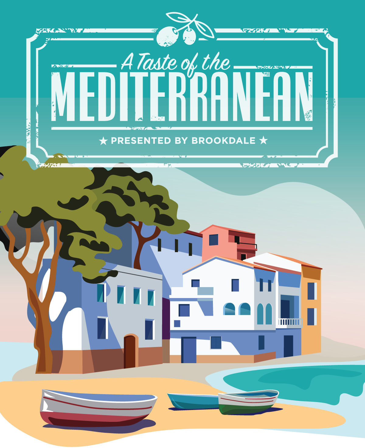 A Taste of the Mediterranean - Presented by Brookdale with illustrations of coastal houses and beach.